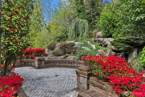 a view of a garden with flowers