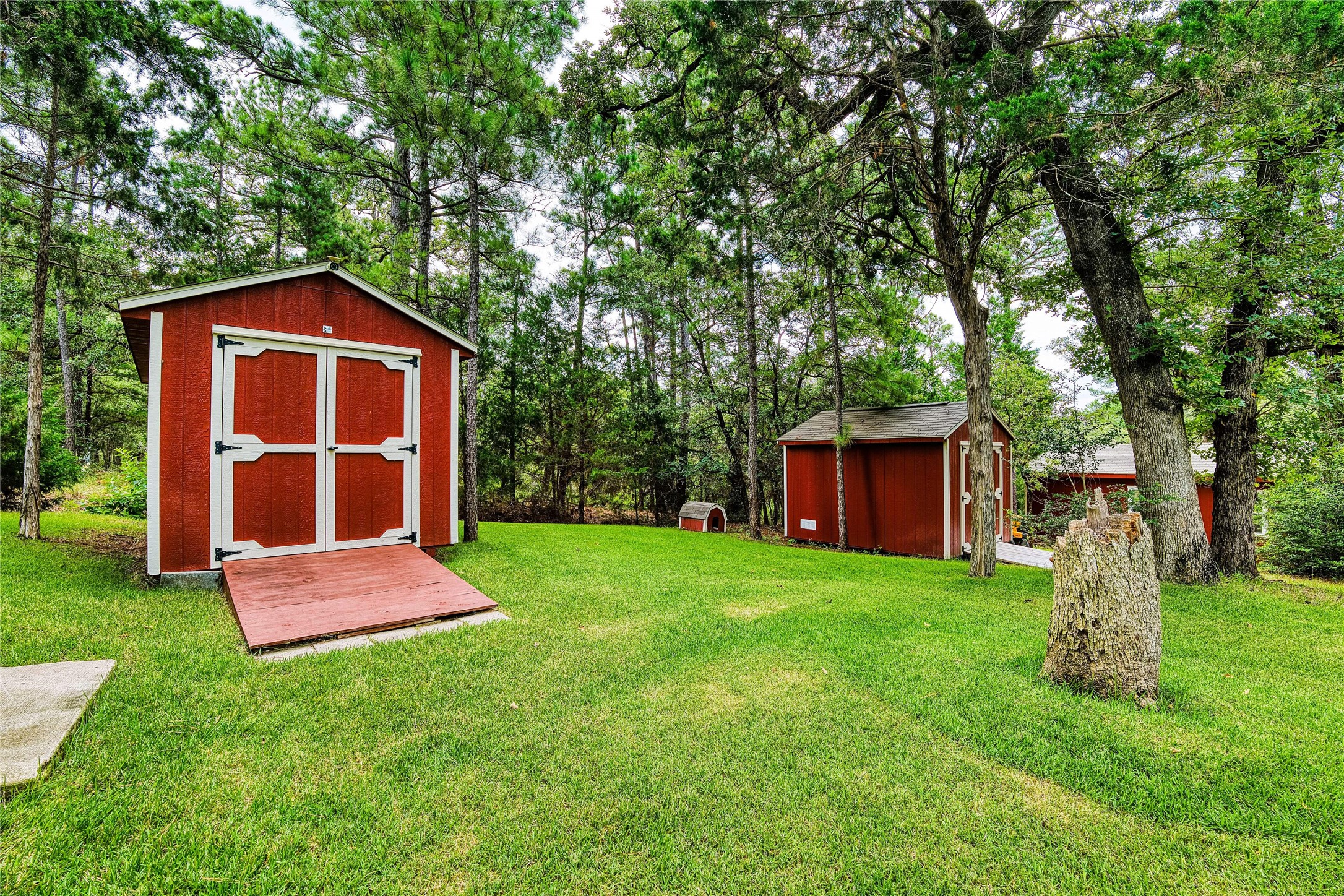 1024 Sand Hills Road Red Rock, TX 78662 - Photo 24 of 40 View of backyard with mature trees offers storage sheds for garden essentials.
