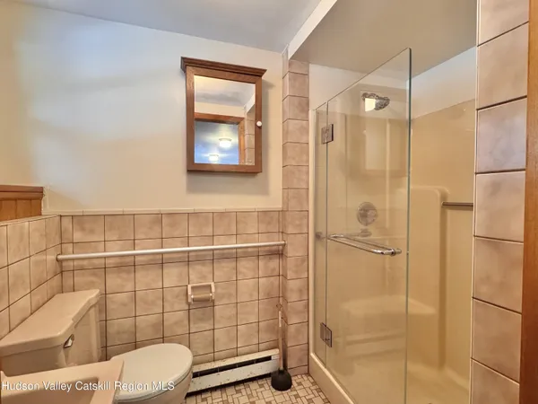 a bathroom with a toilet and a shower