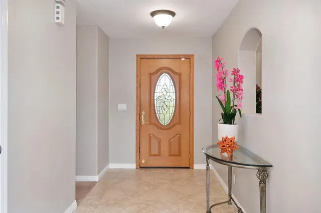 a living room with furniture a potted plant and a chandelier