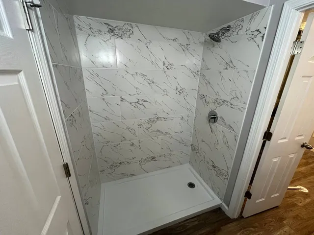 a bathroom with a bathtub