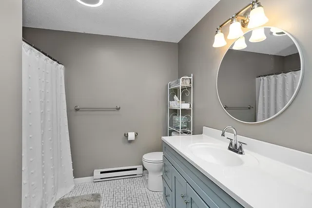 a bathroom with a sink a toilet and a mirror