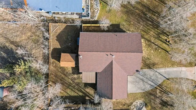 an aerial view of a building with outdoor space