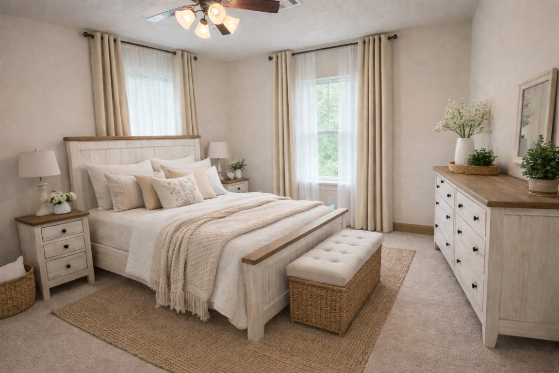 40 Stewart Road New Waverly, TX 77358 - Photo 23 of 50 a bedroom with a bed and a chandelier fan