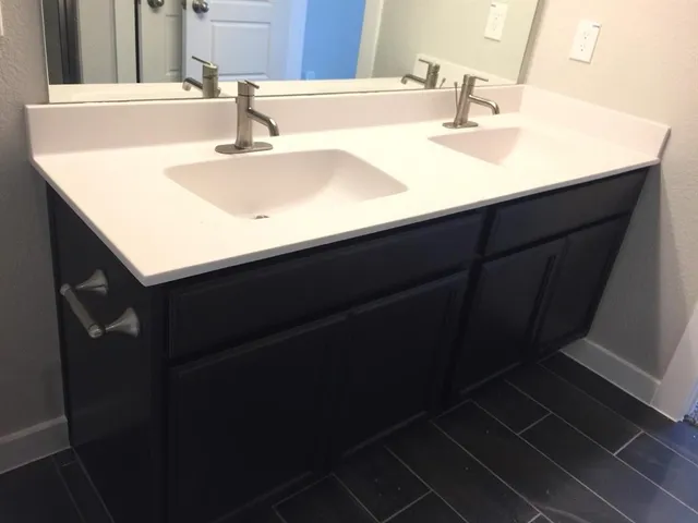 a bathroom with a sink vanity and a mirror