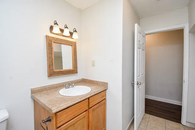 a bathroom with a sink vanity and a mirror