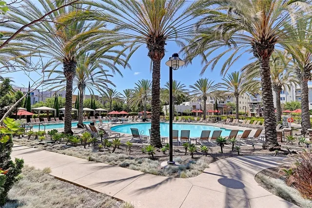 a view of a palm trees with patio