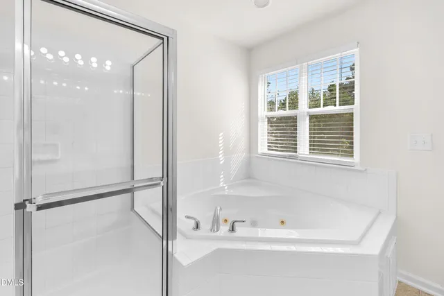 a bathroom with a bathtub and a shower