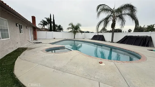 a view of swimming pool with a yard and palm trees