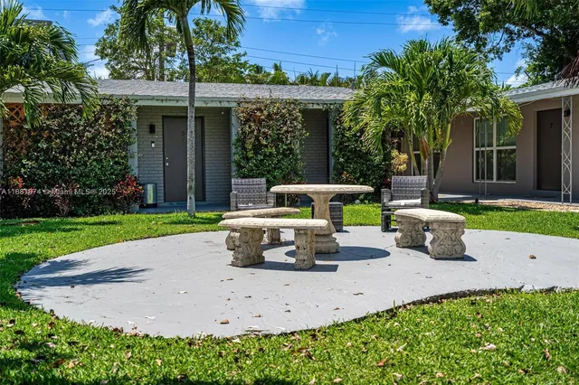 a view of a backyard with sitting area