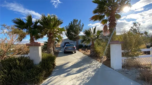 a view of a yard with a house in the background