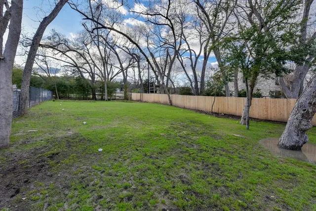 a view of a backyard with large trees