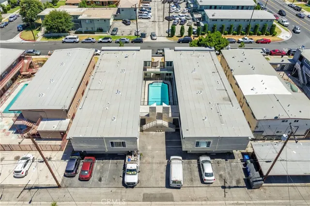 an aerial view of a building with outdoor space
