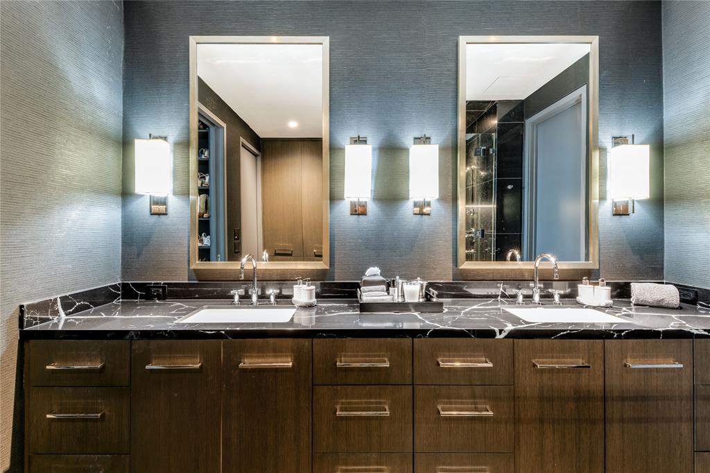 1918 Olive Street, Unit 3403 Dallas, TX 75201 - Photo 27 of 39 a bathroom with a granite countertop sink and a mirror