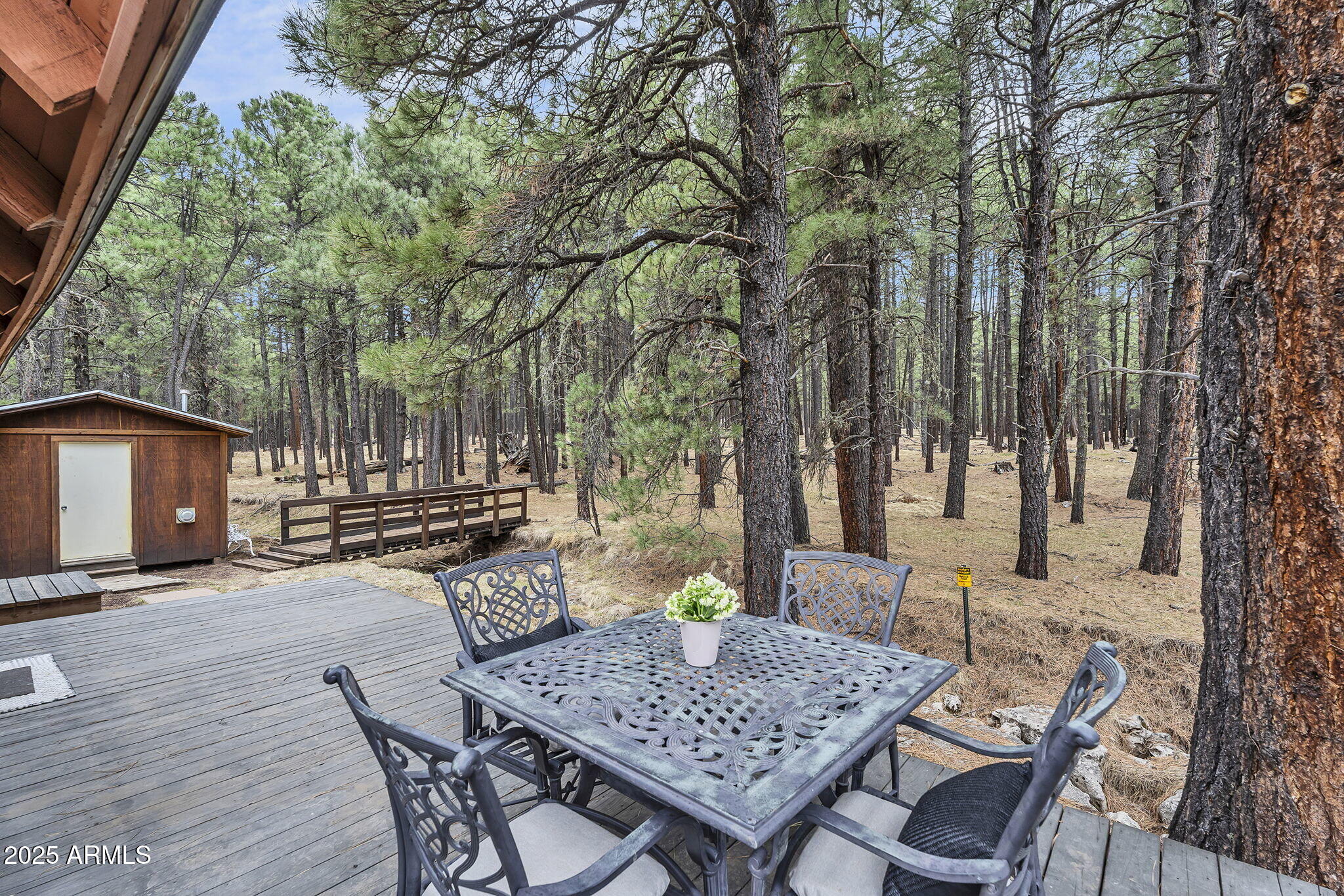 5348 Forest Service 701 Road Happy Jack, AZ 86024 - Photo 23 of 59 a view of a patio with table and chairs with wooden fence and large trees