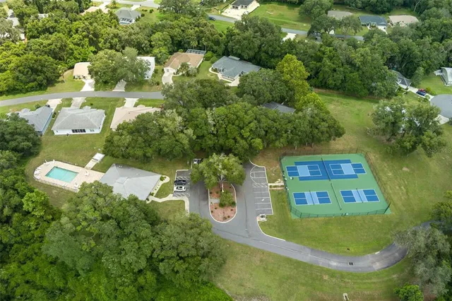an aerial view of a house with swimming pool and green space