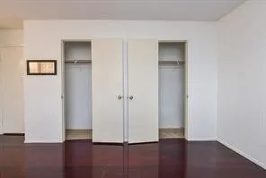 an empty room with wooden floor & closet and windows