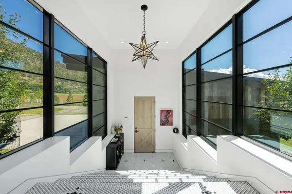 a living room with a large window