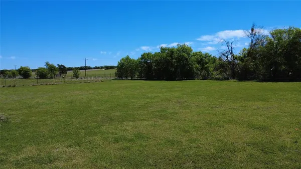 a view of a field with trees in the background