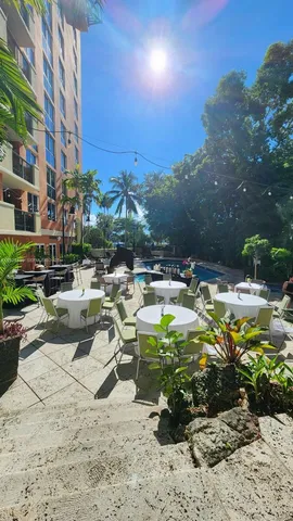a view of backyard with table and chairs and potted plants
