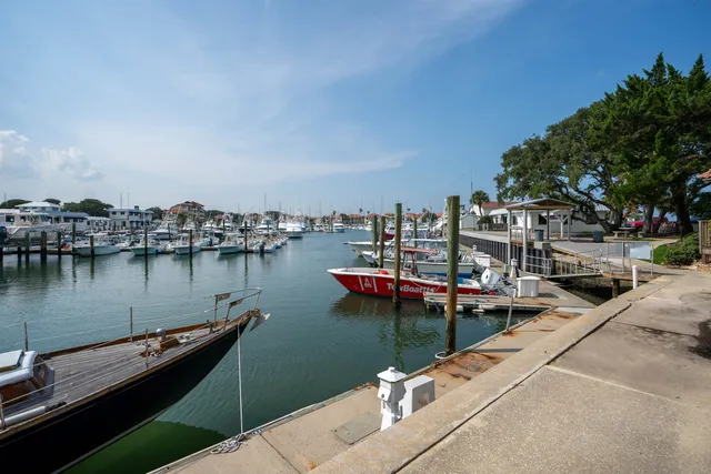 a view of a lake with boats and trees in the background
