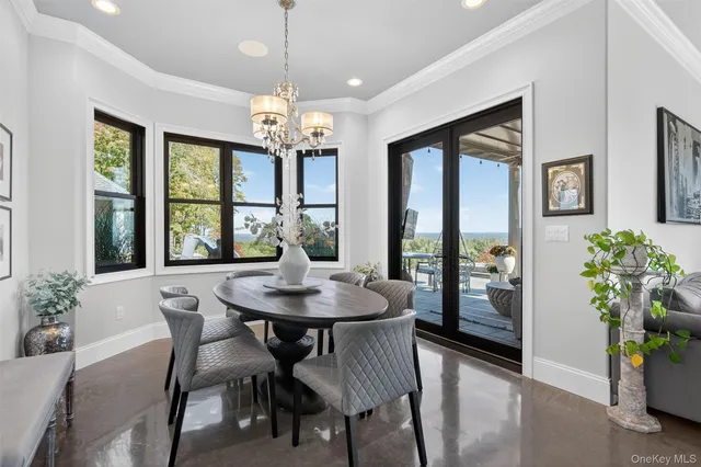 a view of a dining room with furniture window and outside view