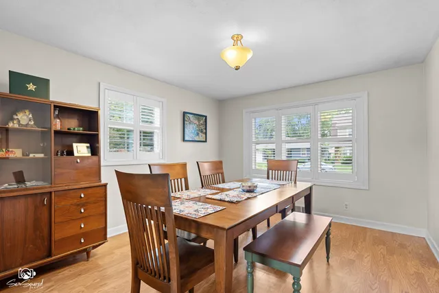 a view of a dining room with furniture