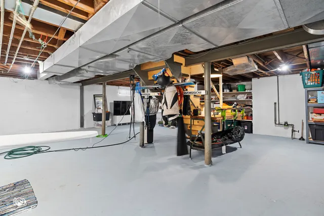 a view of a storage room with racks