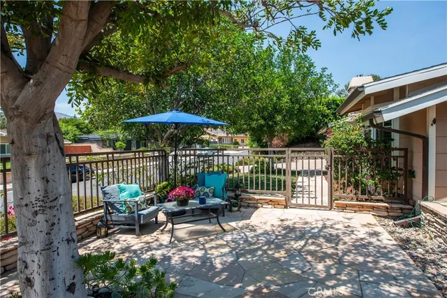 a garden view with a seating space