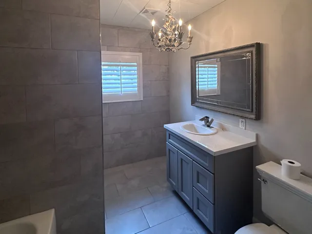 a bathroom with a sink a toilet and mirror