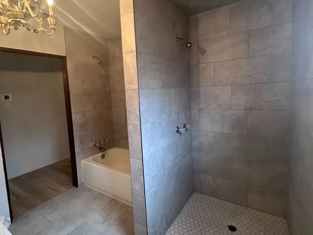 a bathroom with a bathtub and a shower