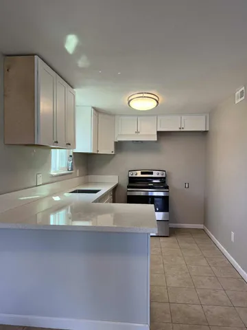 a kitchen with a sink a stove and cabinets