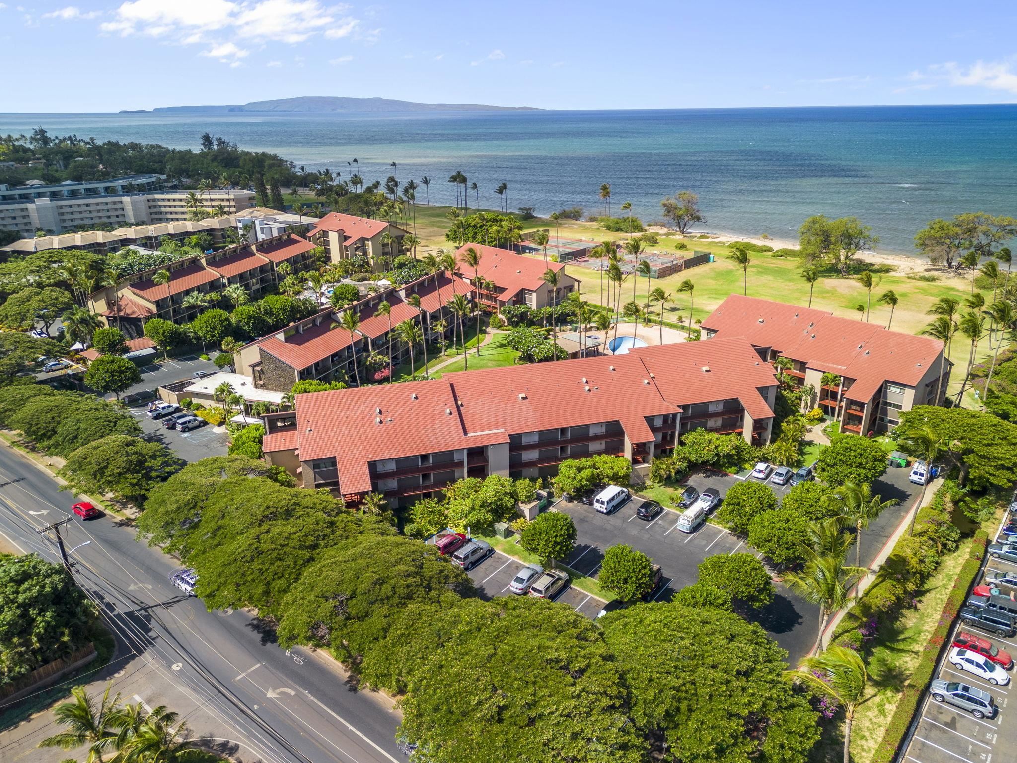 an aerial view of residential houses with outdoor space and trees all around