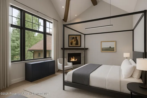 a bedroom with a bed and glass windows