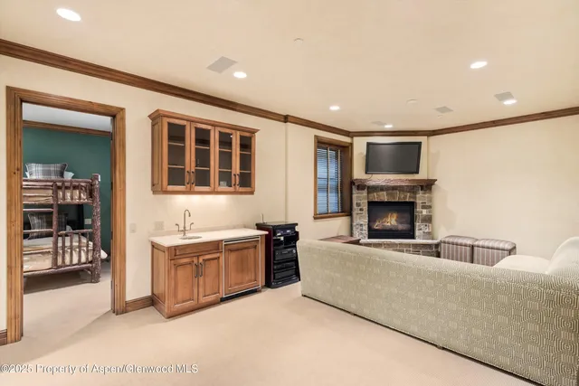 a living room with stainless steel appliances granite countertop furniture and a fireplace