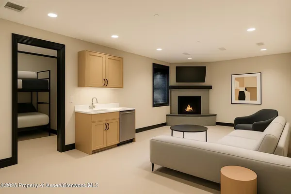 a bedroom with a bunk bed and a window