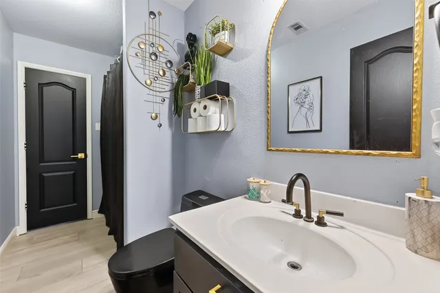 a bathroom with a sink mirror and vanity