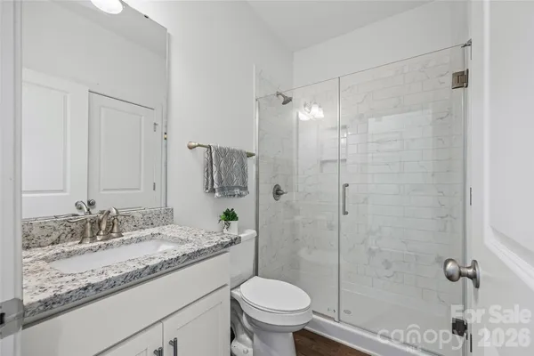 a bathroom with a granite countertop sink toilet and shower
