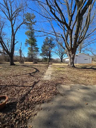 a view of dirt yard with a large tree