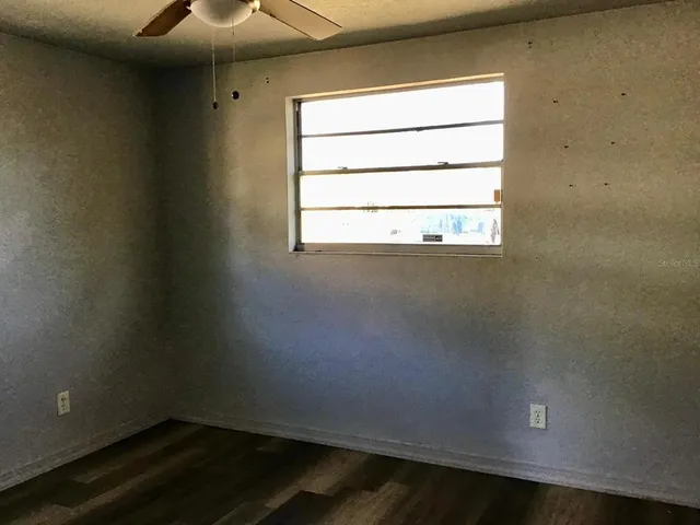 a view of a small space with a window