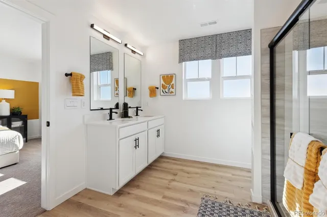 a bathroom with a sink a mirror and a shower