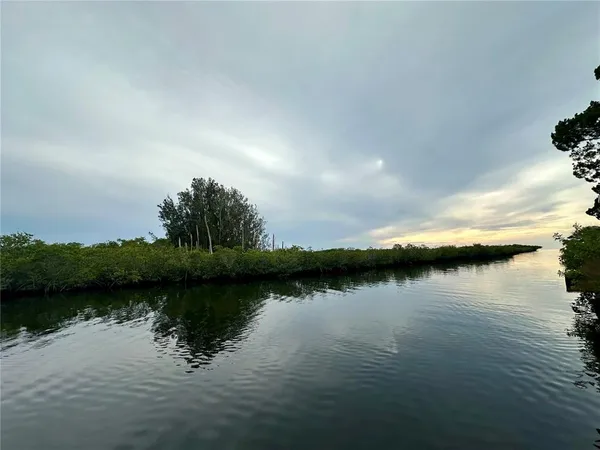 a view of a lake with houses in back