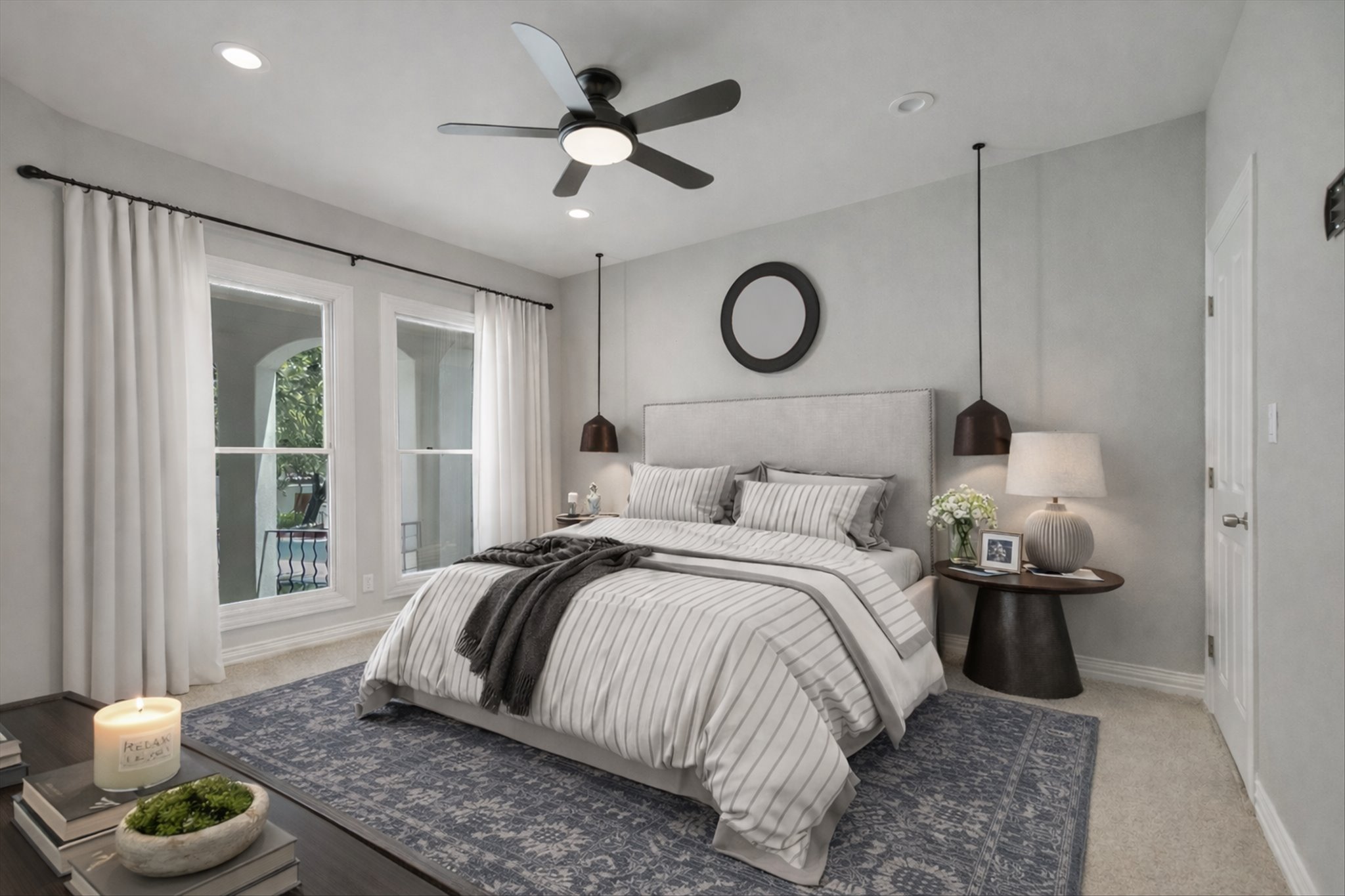 1910 Rue De St Tropez, Unit 4 Austin, TX 78746 - Photo 9 of 27 Bedroom with a ceiling fan, light carpet, and recessed lighting
