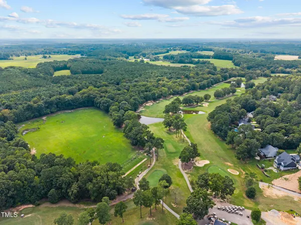 an aerial view of residential houses with outdoor space and trees