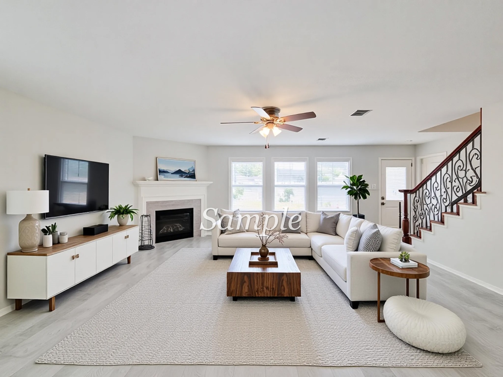 a living room with furniture fireplace and a flat screen tv