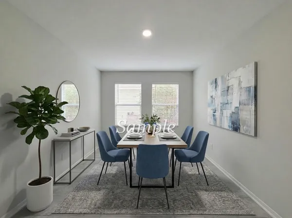 a dining room with furniture and potted plants