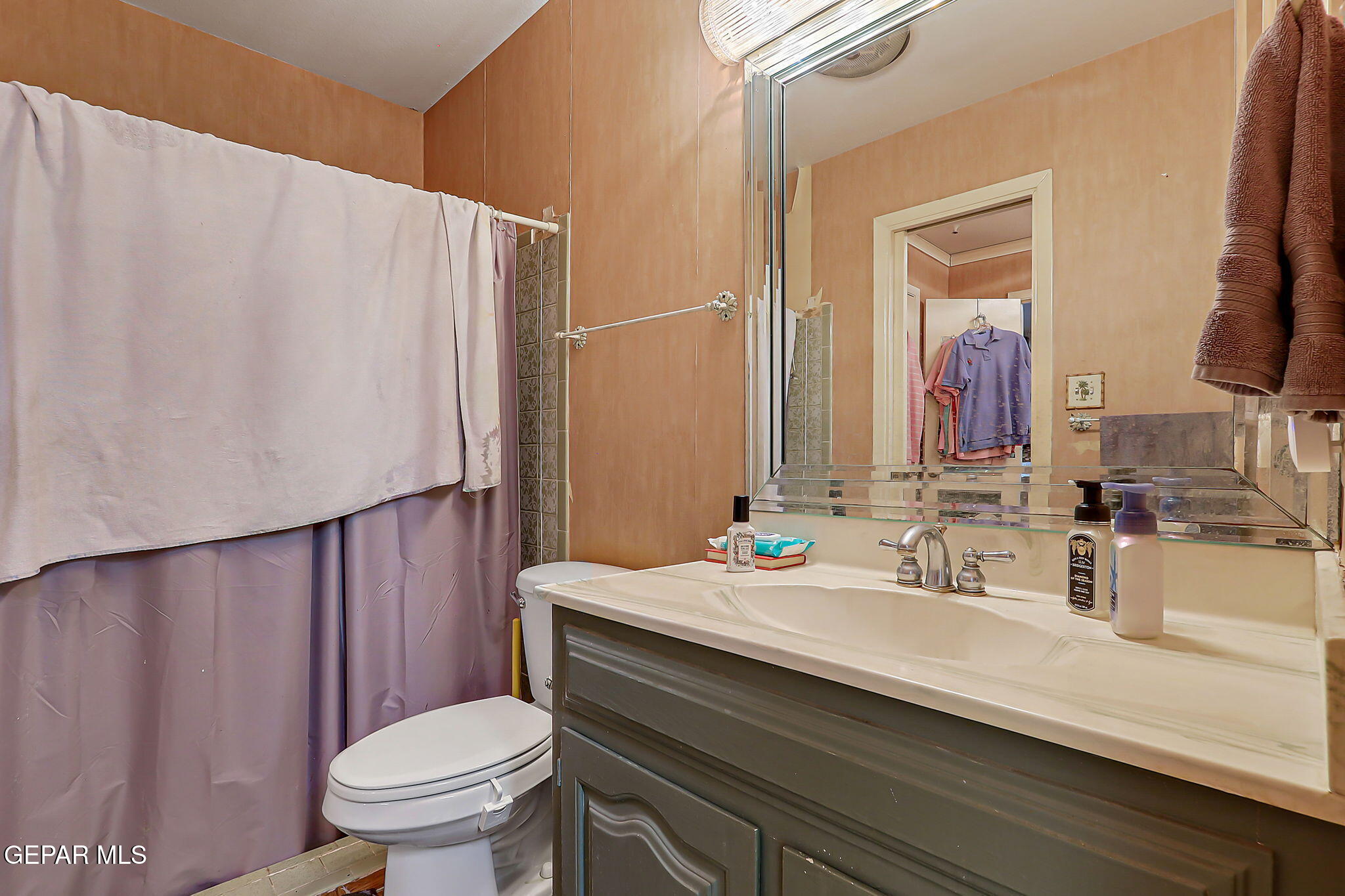 14800 Kingston Road Horizon City, TX 79928 - Photo 55 of 82 a bathroom with a sink a toilet a mirror and shower curtain