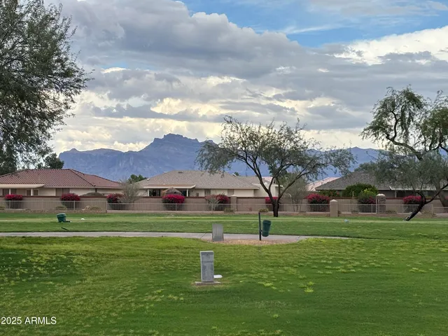 a view of a big yard with a fountain in the background