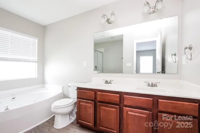 a bathroom with a granite countertop sink mirror and a bathtub