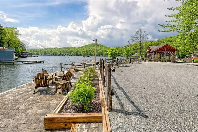 a view of a garden with a lake